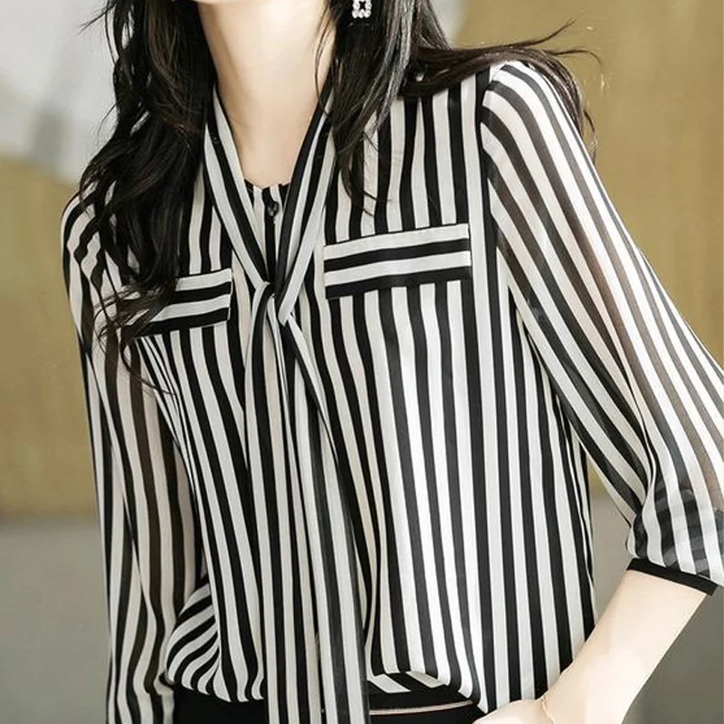 Spring Scarf Collar Long Sleeve Single Breasted Shirt Women Fashion Striped Thin Style Bow Cardigan High Street All-match Tops