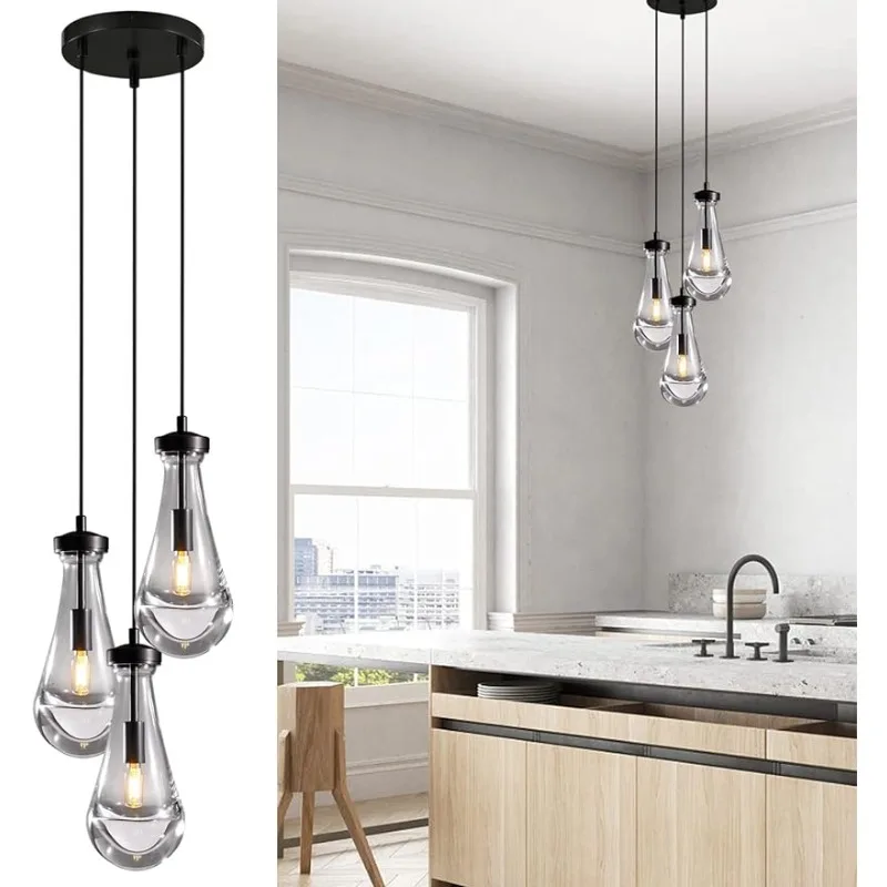 

Black 3 Light Pendant Lighting, Raindrop Pendant Lights, Adjustable Hanging Rope Cluster Kitchen Room Light Fixture