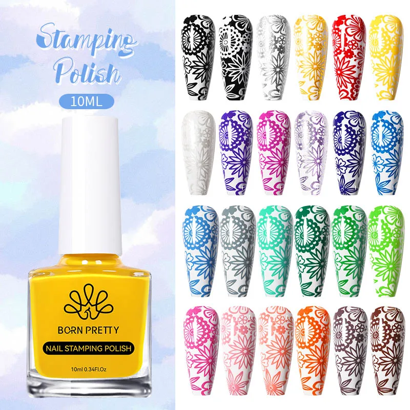 BORN PRETTY 10 ml Stempel-Nagellack, Gelb, Schwarz, Weiß, Gold, für Nagelkunst, Stempelplatten, Drucklack, DIY-Design-Lack