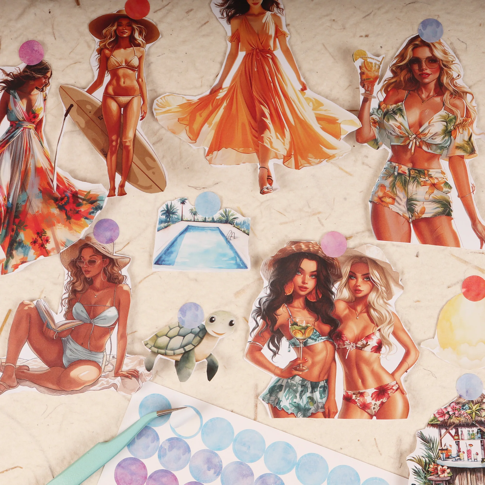 JAIIMAN 18sheets(150+images) Non Self-adhesive Tropical Beach DIY Trimmable Scrapbook Book With 2 Dot Stickers,for Arts Crafts