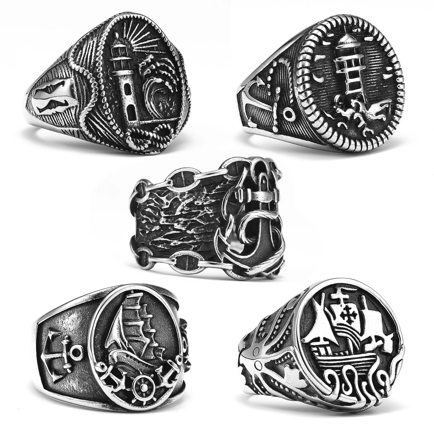Anchor Lighthouse Ocean Sailor Ring - Stainless Steel Vintage Punk Fashion Jewelry Gift
