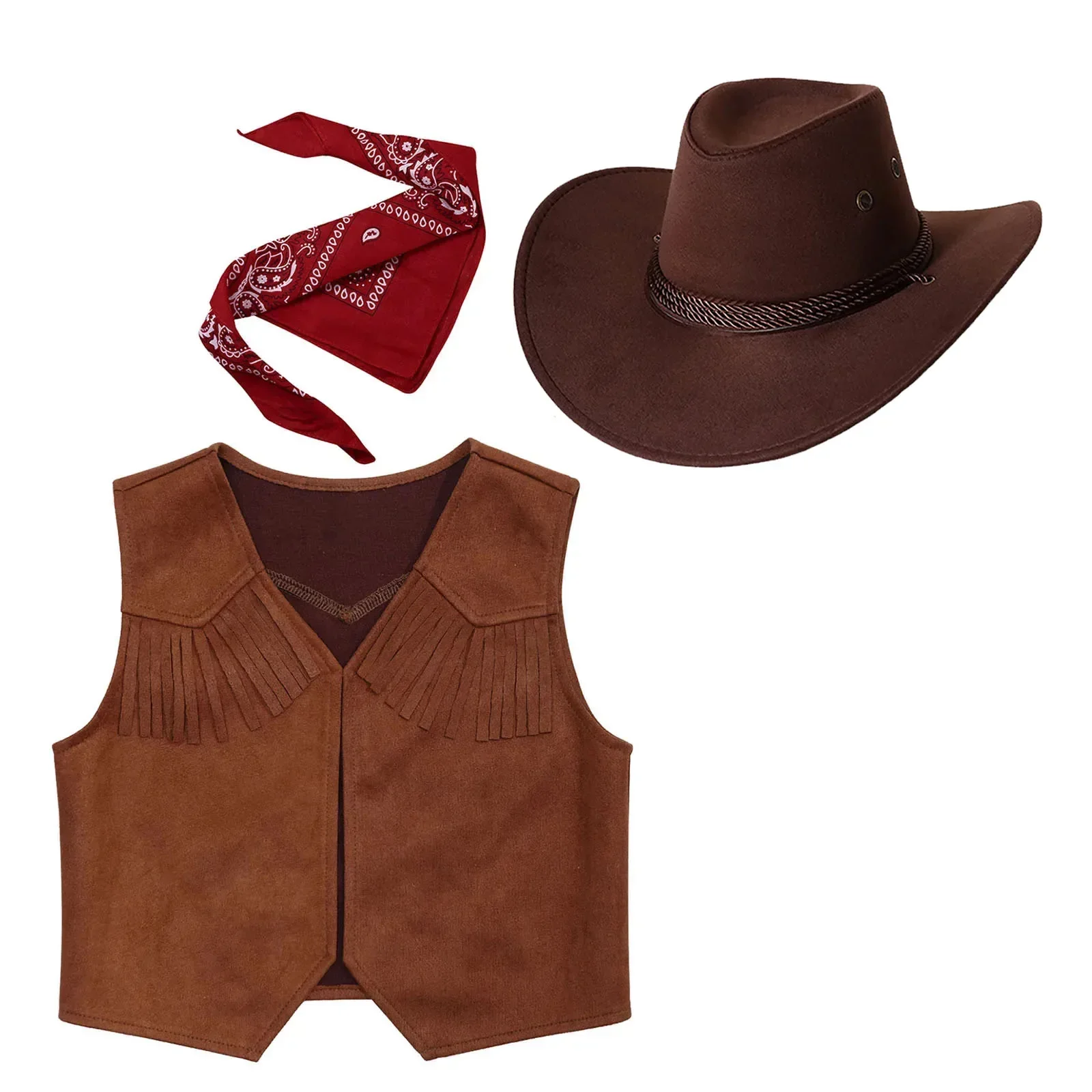 Kids Western Cowboy Costume Suede Leather Fringe Vest with Bandanna Felt Hat Halloween Wild West Cowgirl Cosplay Party Dress Up