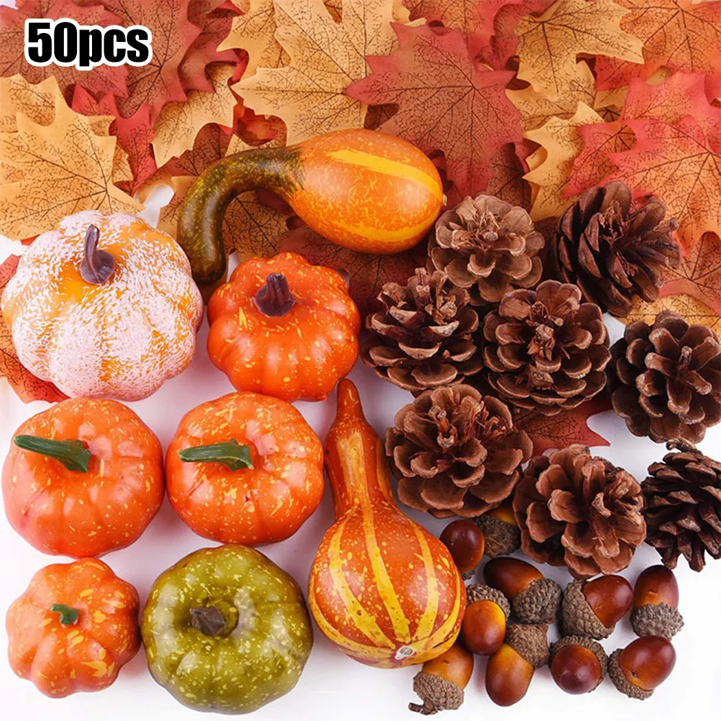 Artificial Pumpkin Autumn Fall Wreath Decorations Mini 50/70/86Pcs For Home Party Artificial Pumpkin Maple Leaf Pine Cones
