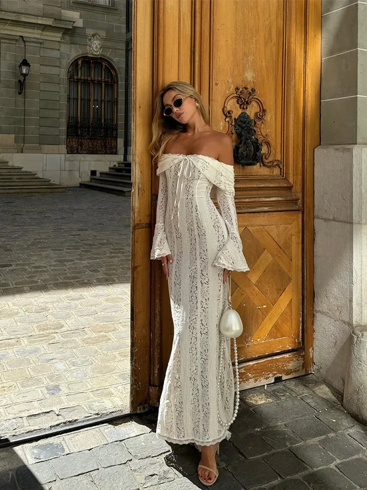 Hollow Out Lace Backless Slim Long Dress Women Strapless Lace Up Off Shoulder Dresses Chic 2025 New Sexy Female Party Club Robes 3