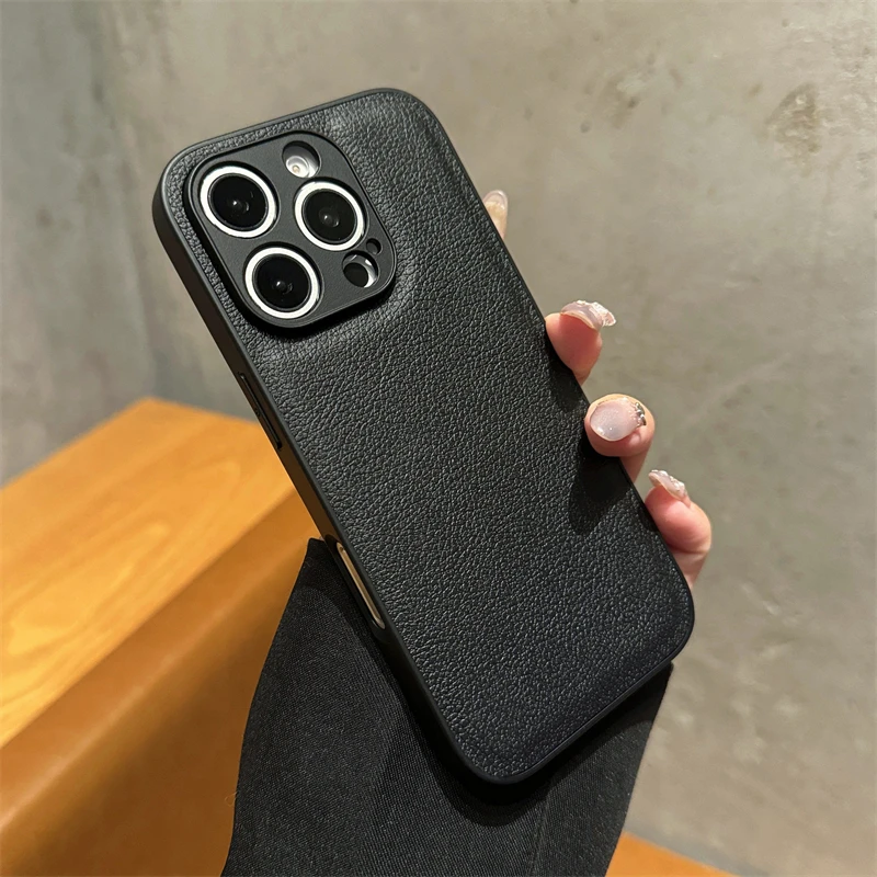 Luxury Litchi Patterned Leather Armor Case - Solid Color Silicone Shockproof Hard Cover