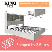 King Size Bed Frame Wooden Platform Beds with 51.2" Storage LED Bookcase Headboard, 4 Storage Drawers, King Size Bed Frame 2