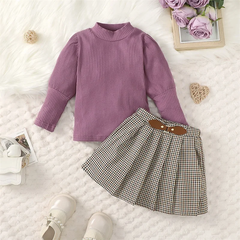 

Toddler Fashion Casual Skirt Set Fall Spring Long Sleeve Crew Neck Ribbed T-shirt with Plaid A-line Skirts Baby Girls Outfits