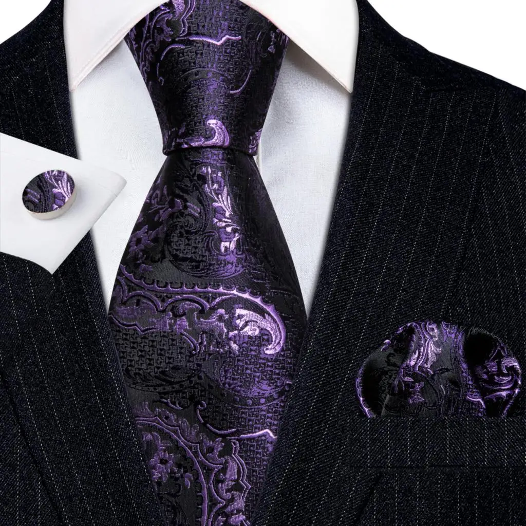 

Luxury Ties for Men Purple Paisley Striped Plaid Floral Silk Necktie Handkerchief Cufflinks Set Wedding Barry·Wang Clip 6175
