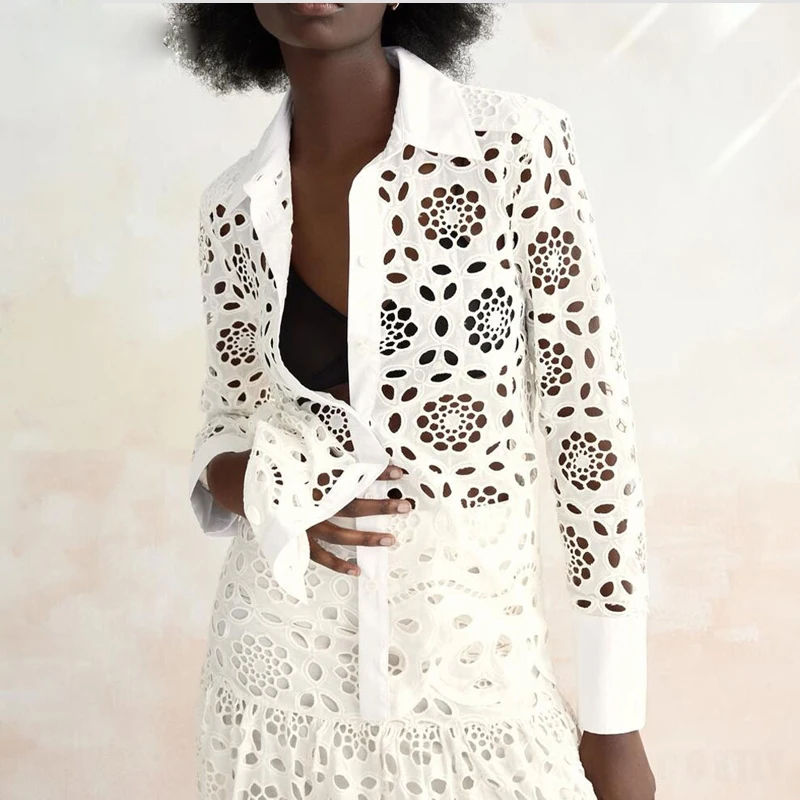 

Fashion Women Long Sleeve Hollow Out Embroidery Shirt New 2022 Spring Autumn Slim Solid Blouses Temperament Tops Femme 47250