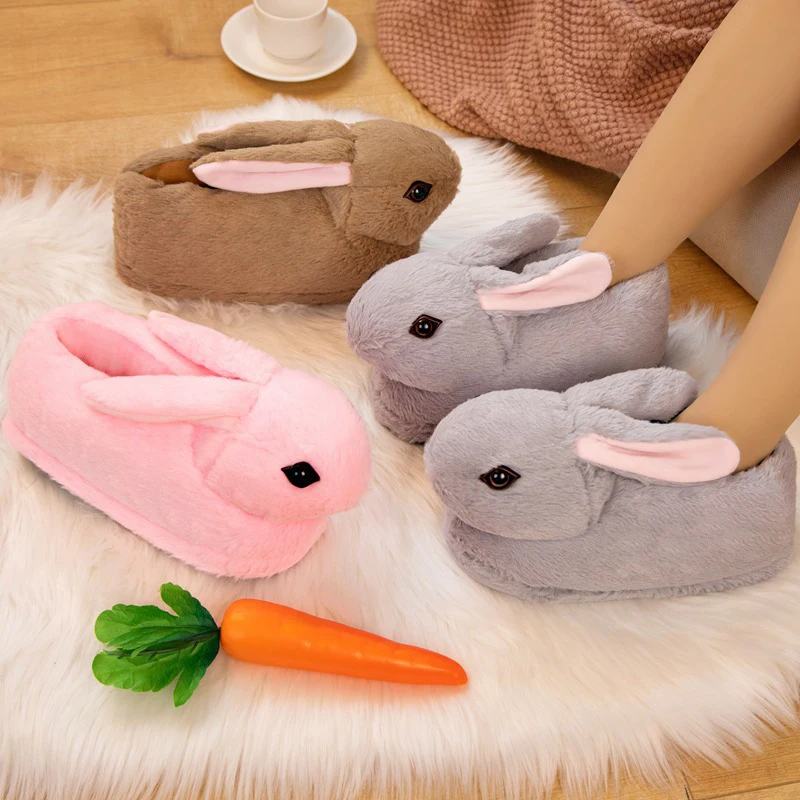 Cute Cartoon Rabbit All Inclusive Winter Warm Home Slippers Adult Girl Lady Plush Head Silent Indoor Floor Women Fun Slippers