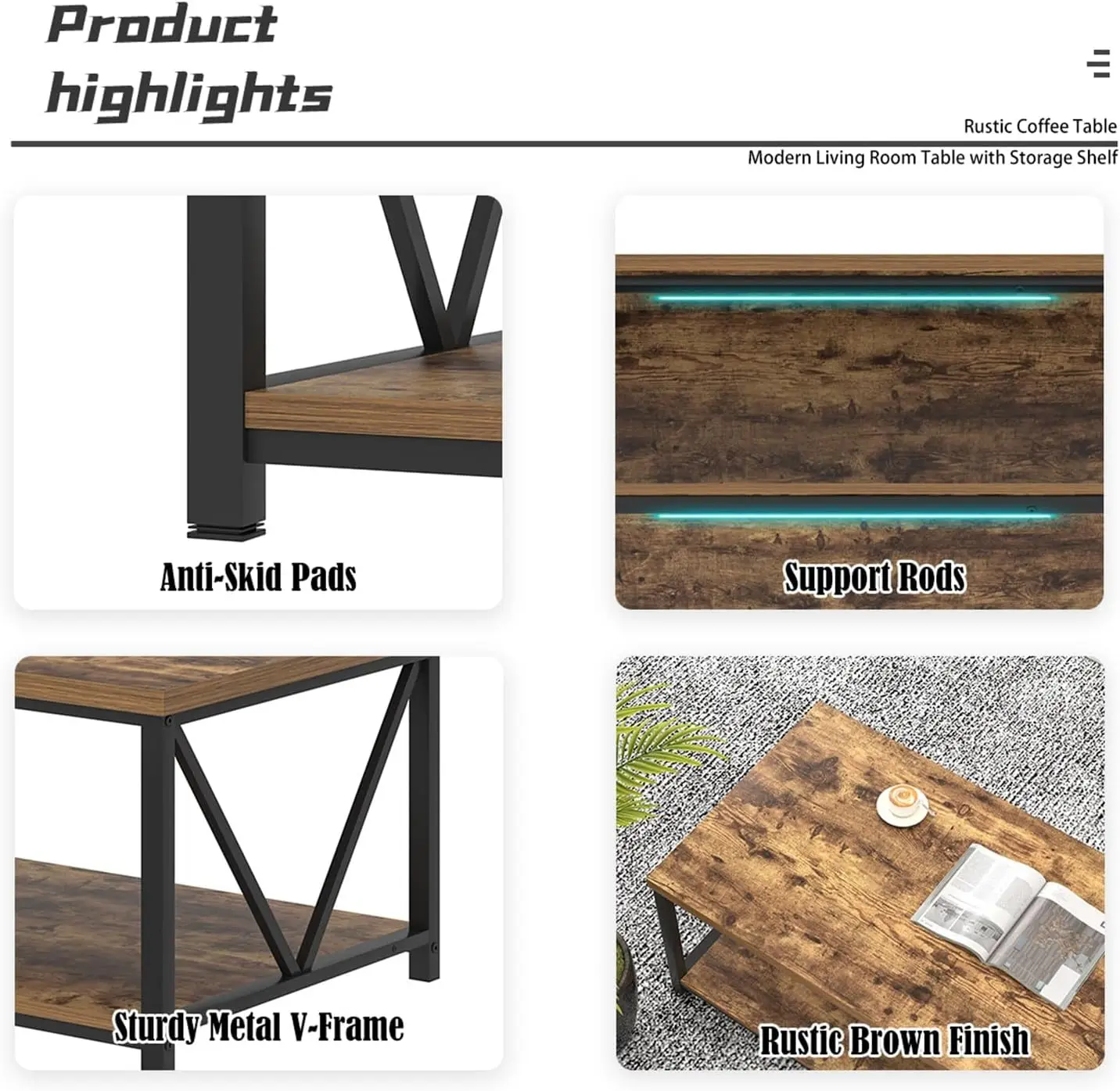 Rustic Wood & Metal Coffee Table with Storage Shelf 5