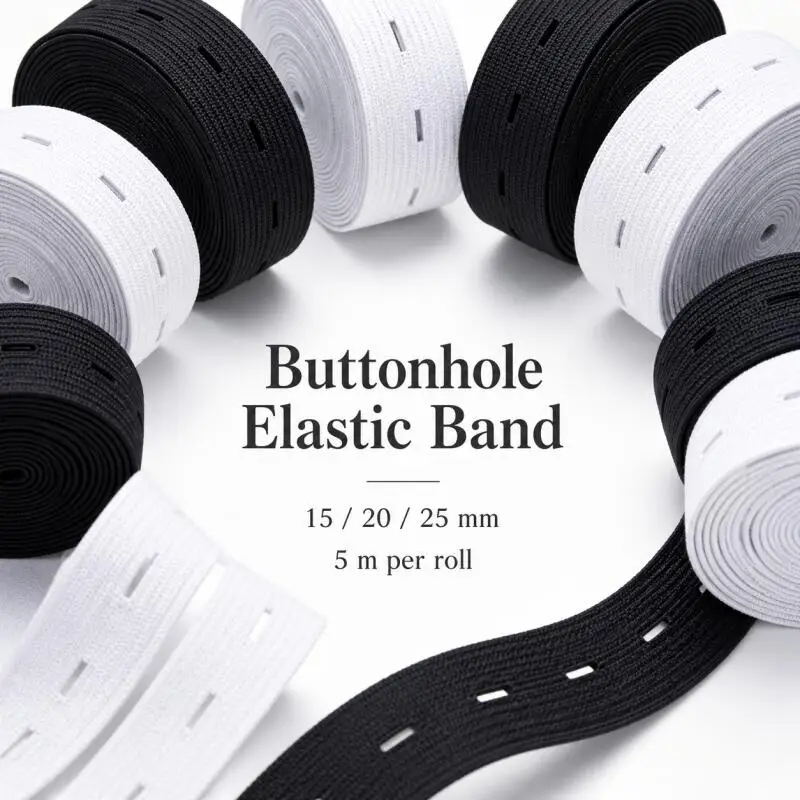 Adjustable Elastic Band for Sewing – 5 Meters, White & Black, Buttonhole Feature