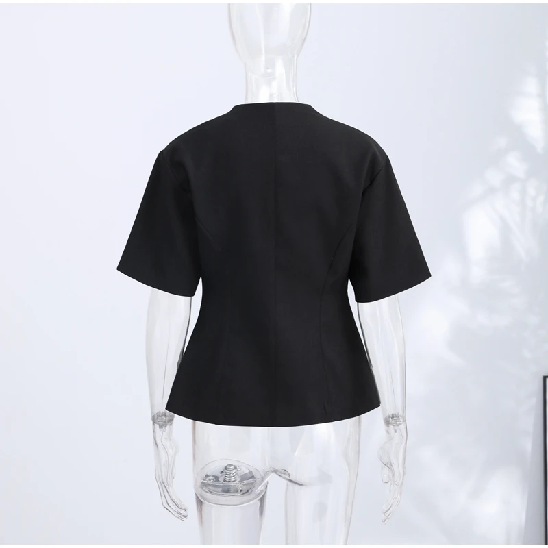 Elegant Women's Short Sleeve Blazer Coat One Button V Neck Short Sleeve Waist Cinching Jacket 2026 Spring Summer Daily Outwears
