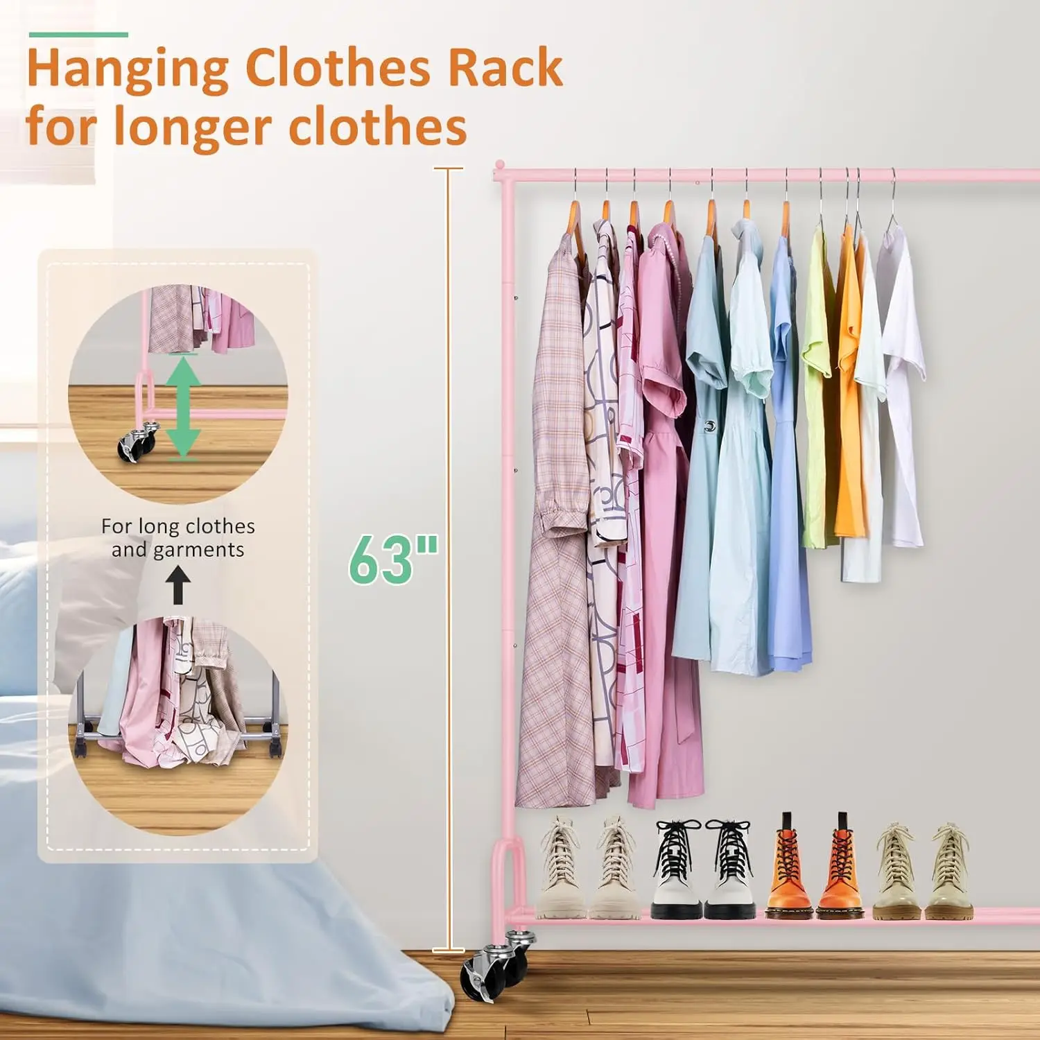 Heavy Duty Clothing Racks for Hanging Clothes Rack, 43" Wide Rolling Garment Rack Metal Clothing Hanger Rack with Wheels Wardrob 3