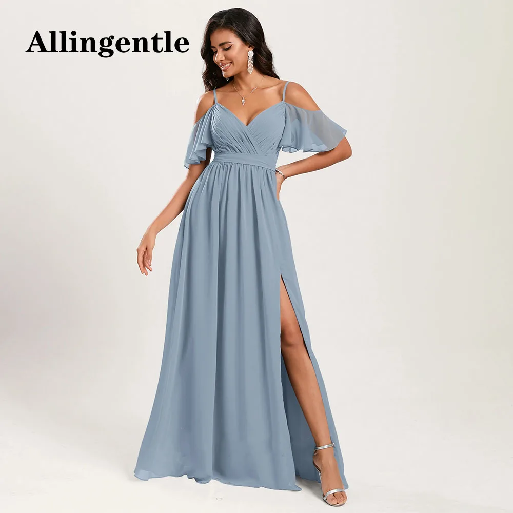A-Line V-Neck Bridesmaid Dresses Spaghetti Straps Short Sleeves Floor Length Split Side Chiffon Women Evening Gown