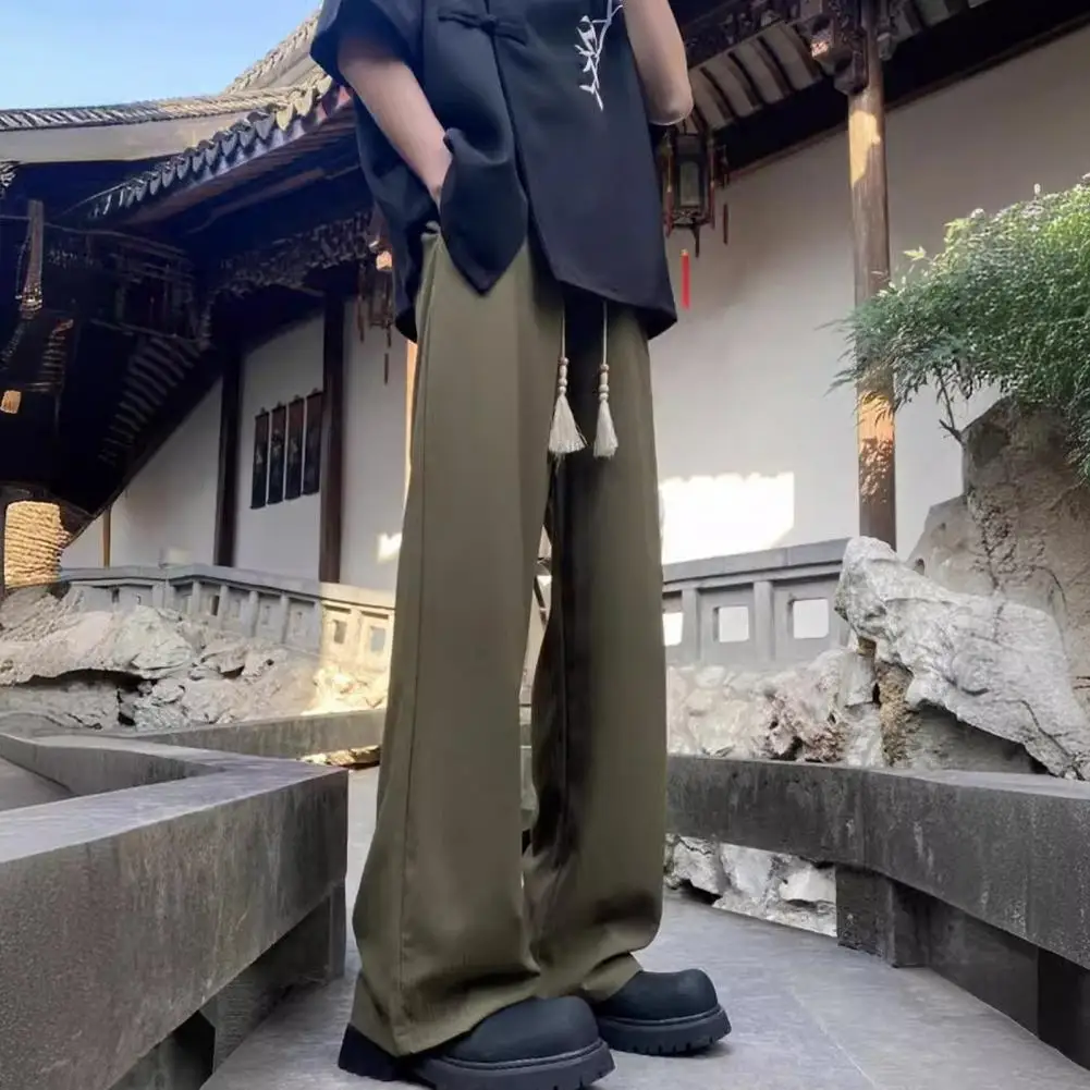 Description Picture 5 of itemChinese-style Strap Trousers Chinese Style Men's Tassel Knot Drawstring Pants with Wide Leg Elastic Waist Retro Inspired Solid