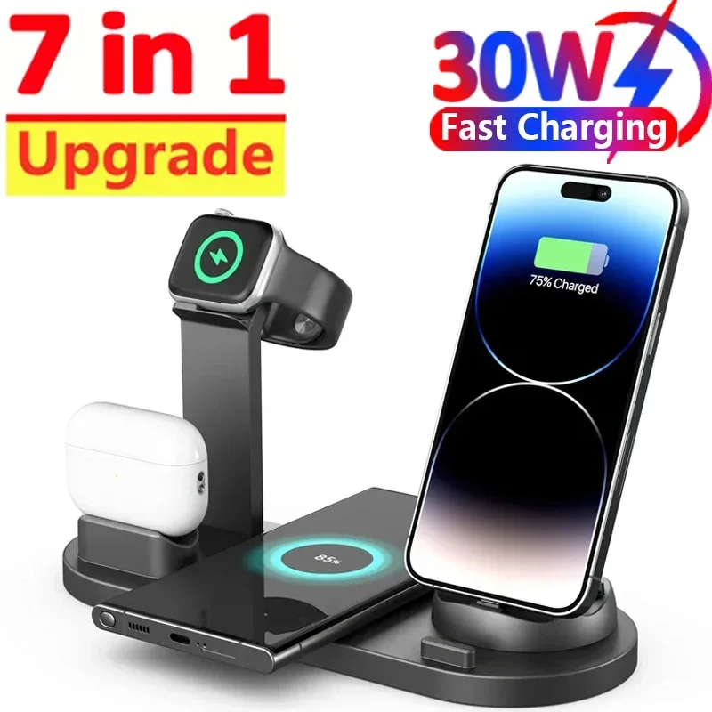 

30W 7 in 1 Wireless Chargers Stand Pad For iPhone 15 14 13 12 Pro Max Apple Watch Airpods Pro iWatch 8 7 Fast Charging Station