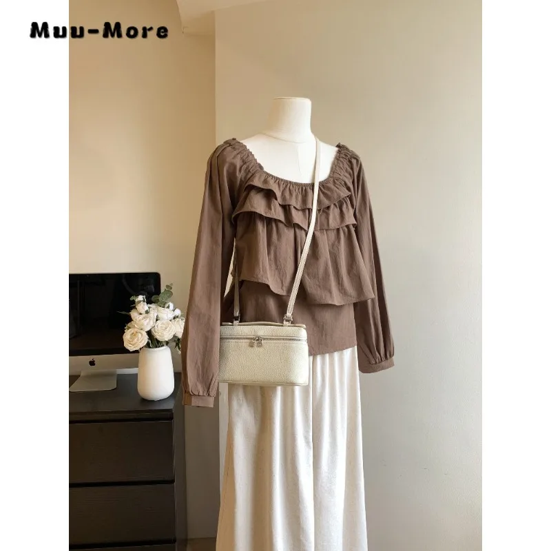 

Простые Однотонные блузки в японском стиле с квадратным воротником и длинным рукавом, осень 2023, женские повседневные винтажные базовые тонкие рубашки