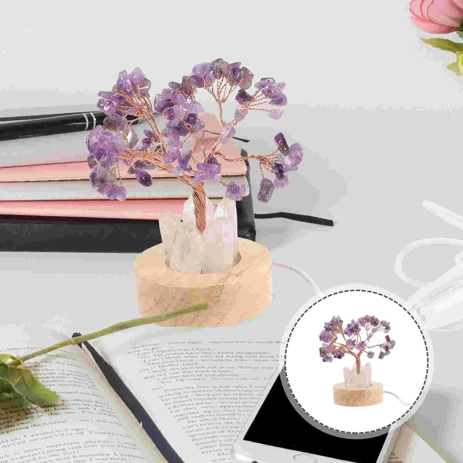 

Amethyst Night Stand Lamp Living Room Decorations Money Tree Lamp Ornaments Bed Small Decorative Wooden Crystal