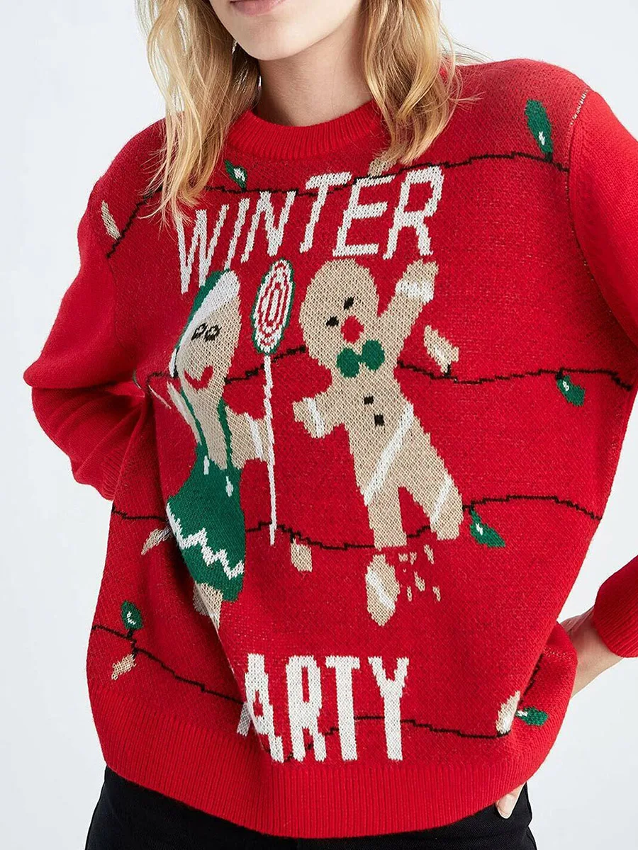 Women s Holiday Reindeer Knit Sweater Long Sleeve Crewneck Fair Isle Print Casual Knitwear Christmas Jumper