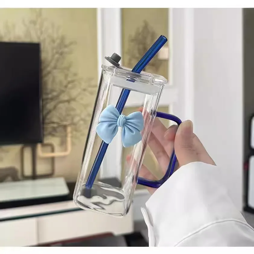 400Ml Glass Tumbler With Straw &Amp; Handle