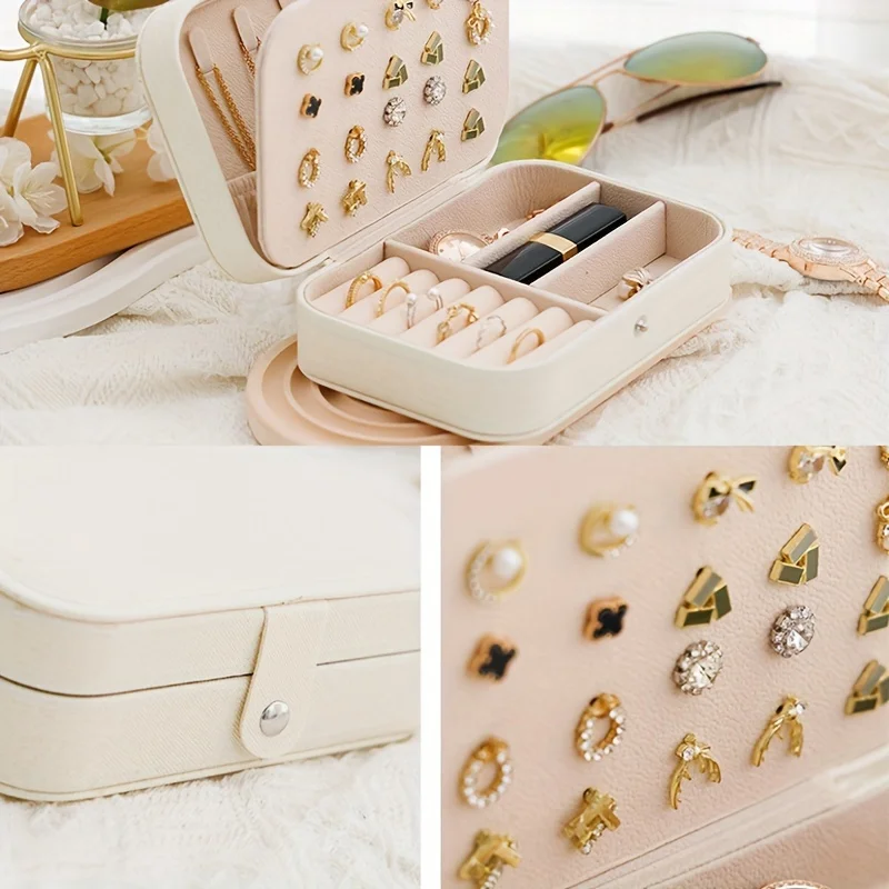 Leather Zipper Portable Jewelry Organizer Box with Button Closure