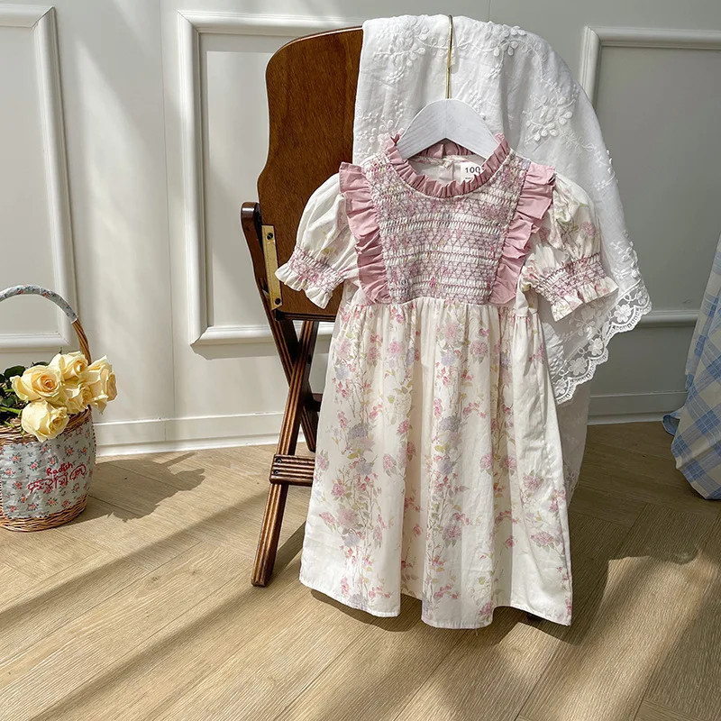 

Women's French-Style Retro Cable Stand Collar Dress2024Summer New Gentle Floral Short Sleeve Children Princess Dress-MR