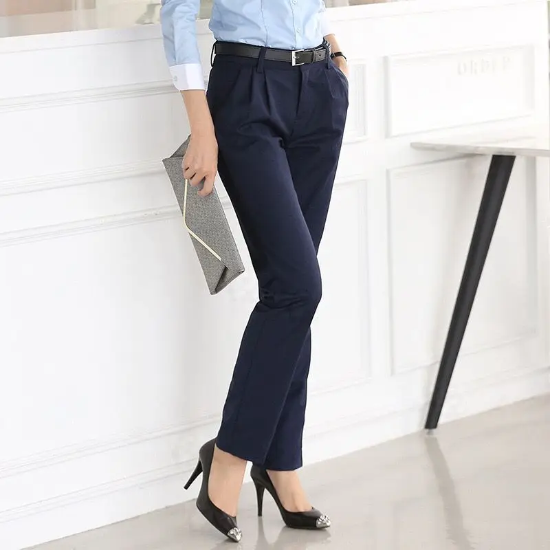 

Spring and Autumn Women's Solid Slim High Waited Straight Leg Pants Button Fashion Casual Formal Office Lady Pants