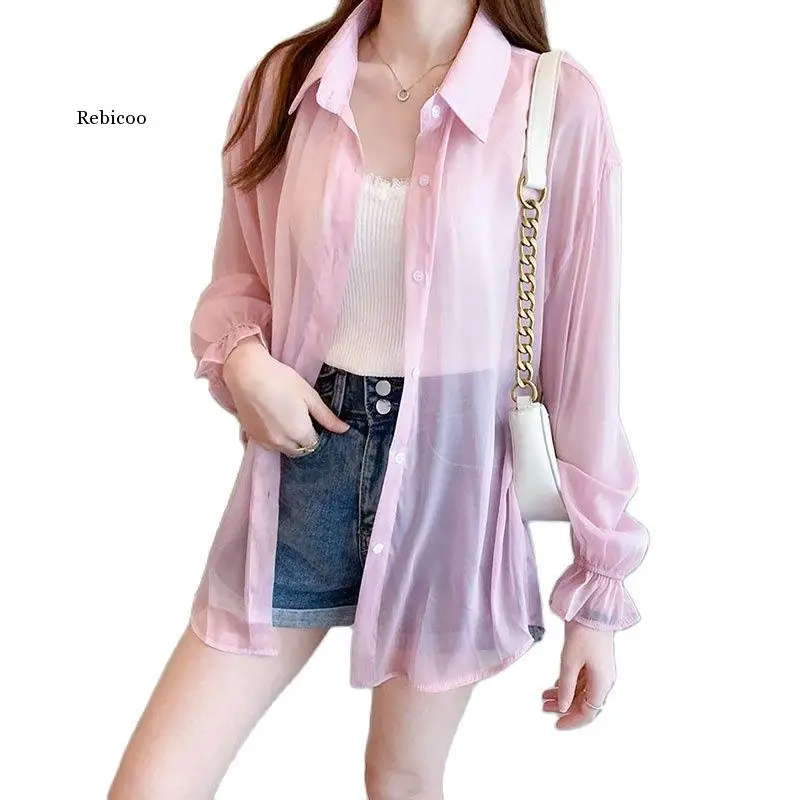 

Женская однобортная шифоновая куртка, свободная тонкая рубашка с защитой от солнца и ультрафиолетового излучения, для отдыха, лето 2022