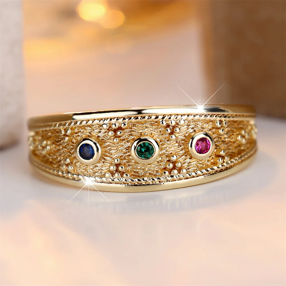 Multicolor Zircon Small Round Stone Rings For Women Vintage Gold Color Engagement Bands Wedding Jewelry Bridal Birthday Gifts