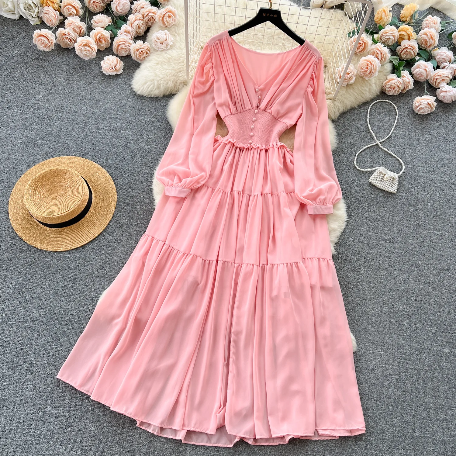Vintage Chiffon Long Dress Women Elegant V-neck Long Sleeved Casual Dresses French Pleated Slim A-line Long Robe Vestidos