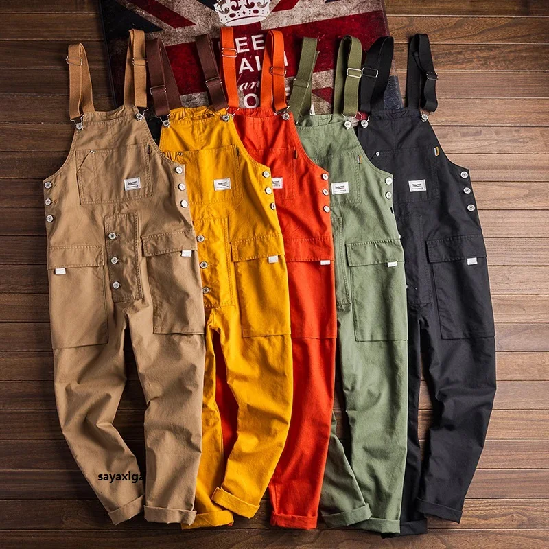 Fashion Men Jumpsuit Bib Pants Solid Color Joggers Pockets Streetwear Loose  Cotton Straps Suspender Men's Cargo Overalls Rompers