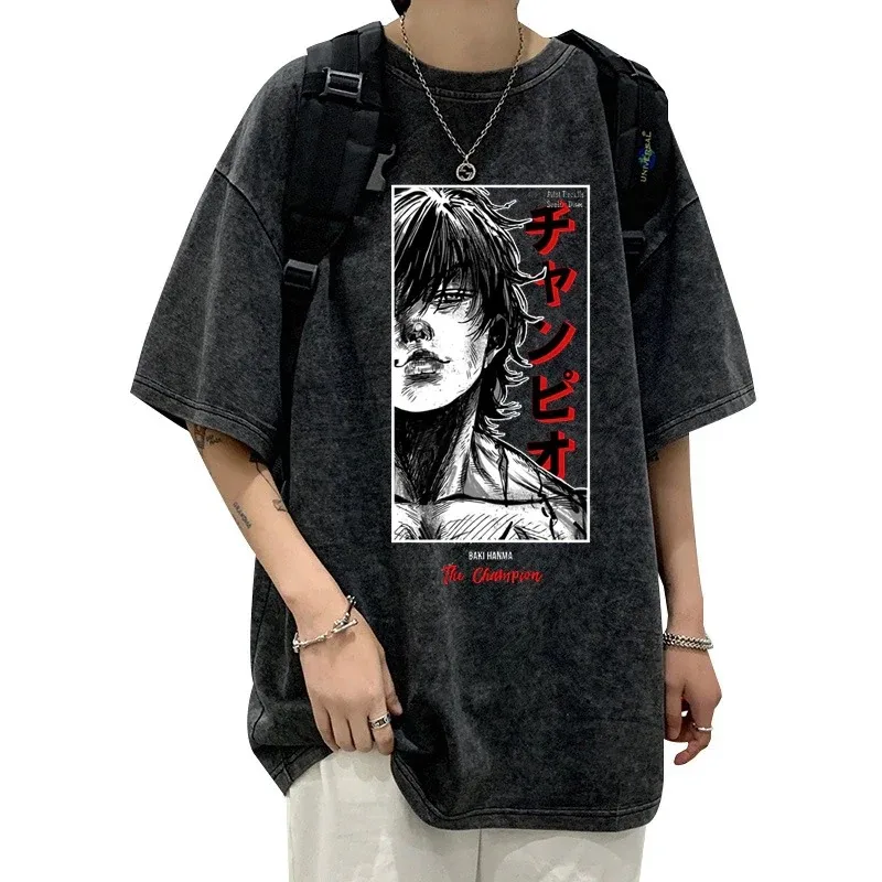 

Summer men and women anime fighting Baki Hanma washed T-shirt Harajuku street wear 100% pure cotton casual wear