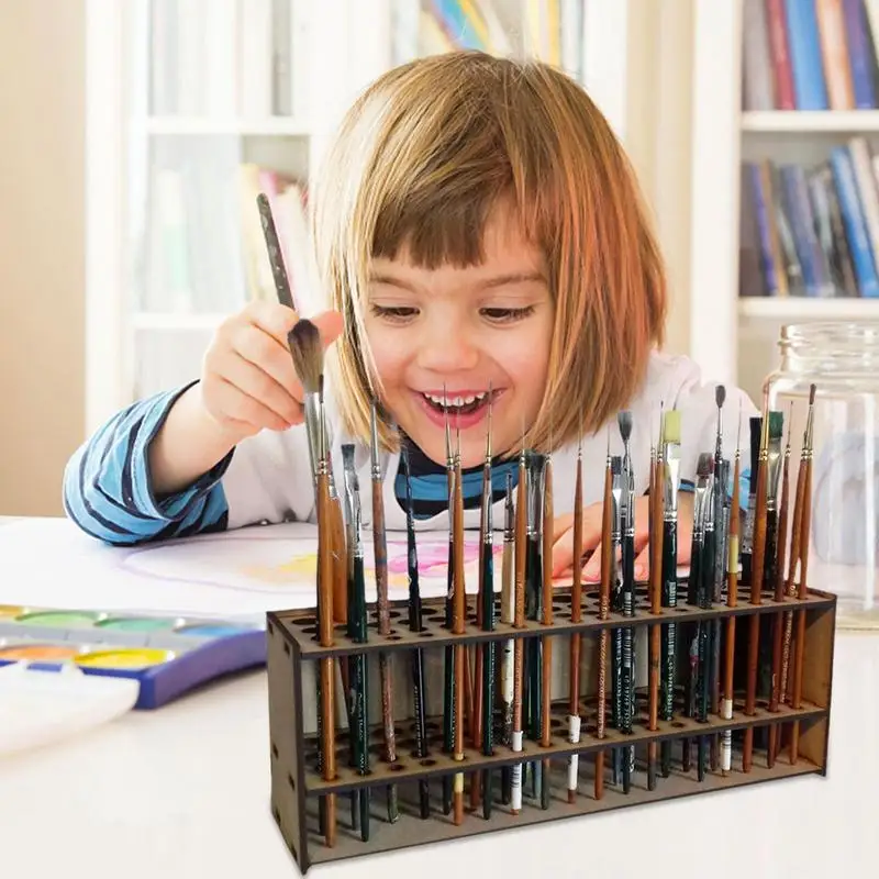 Paintbrush Holder Storage Rack Holder 67 Holes Paint Brush Holder Wooden Paint Brush Holder Stand Desk Organizer Watercolor Tray Rack For Pencils Brushes