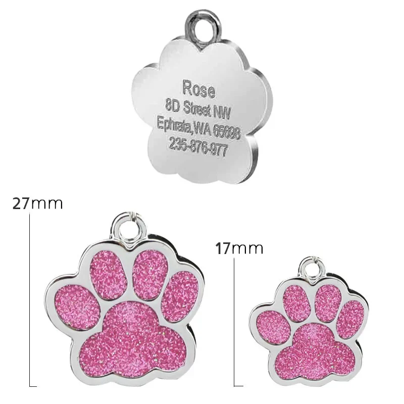 Pet ID Tags Personalized Dog Cat Tags Free Engraved Anti-lost Name Paw Glitter Pendant Nameplate Glitter Keyring Accessories