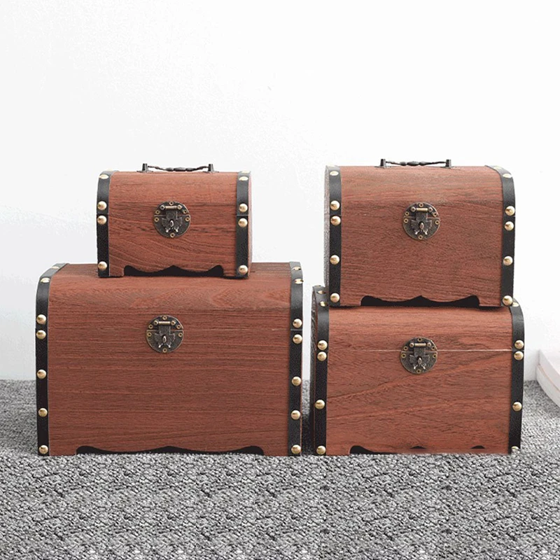 1 Set With Lock Piggy Bank Organizer Saving Case For Home Decoration Vintage Storage Box Wooden Treasure Chest_voghion.com