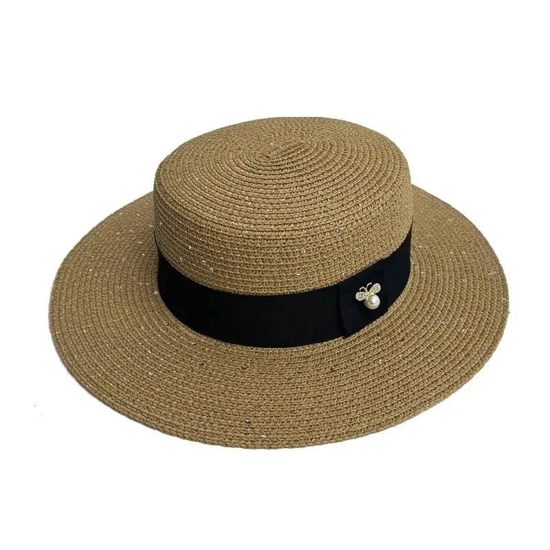 Ladies Sun Boater Flat Hats Small Bee Sequins Straw Hat Retro Gold Braided Hat Female Sunshade Shine Flat Cap RH 4