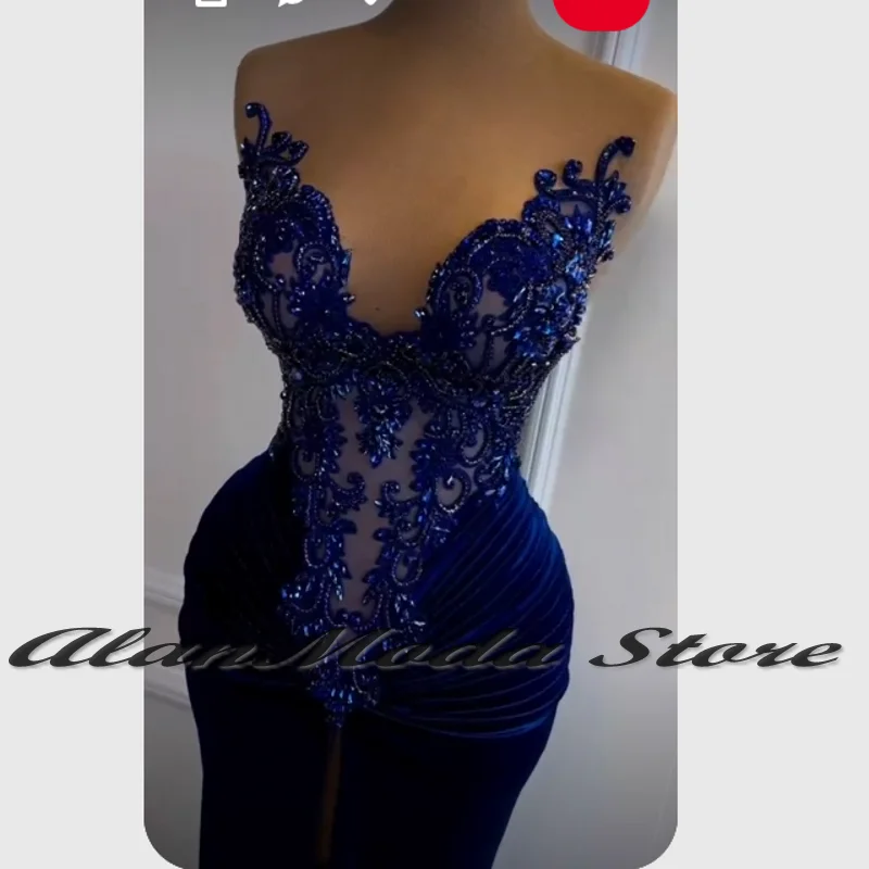 Elegant Blue Front Split Prom Dresses For Women 2024 Rhinestone Velvet  Mermaid Party Gowns Crystal Vestidos De Gala Customized - AliExpress 320