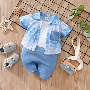 Newborn Clothes Vacation Wave Full Print Shirt Fake Two Comfortable Soft Boys And Girls Summer Short Sleeve Baby Jumpsuit 1