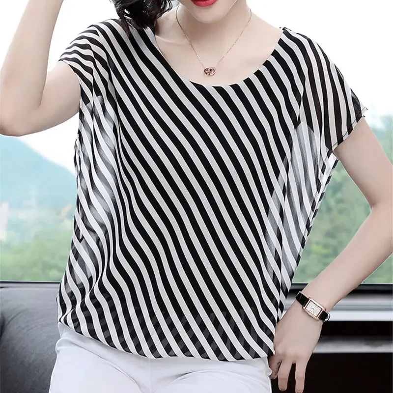 

Fashion O-Neck All-match Batwing Sleeve Striped Blouse Women's Clothing Summer New Casual Pullovers Korean Chiffon Shirt X680