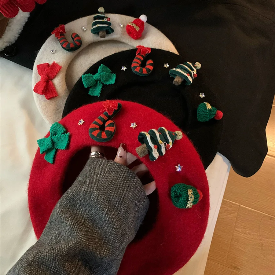 

Women Christmas Beret Vintage Red Hat Female Winter Warm Caps Y2k Women Wool Student Cap Bud Painter Hats Xmas Gorros Navideño