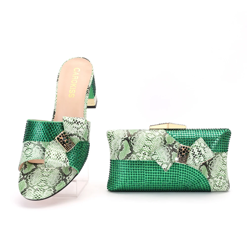 

2022 New Fashion Designs Chunky Sandal With Clutch Snakeskin Texture Bowknot Ornament Slippers Matching Handbag In Party