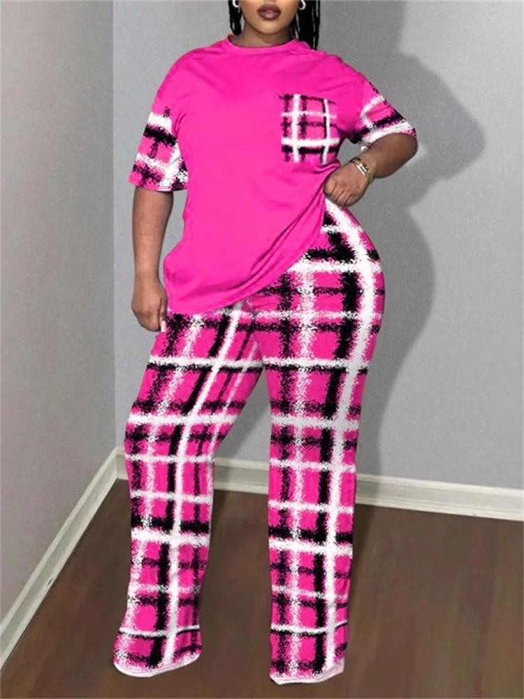 Wmstar Plus Size Two Piece Sets Women Clothing Solid Tops and Pants Plaid Wide Leg Pockets Wholesale Dropshopping New in Summer