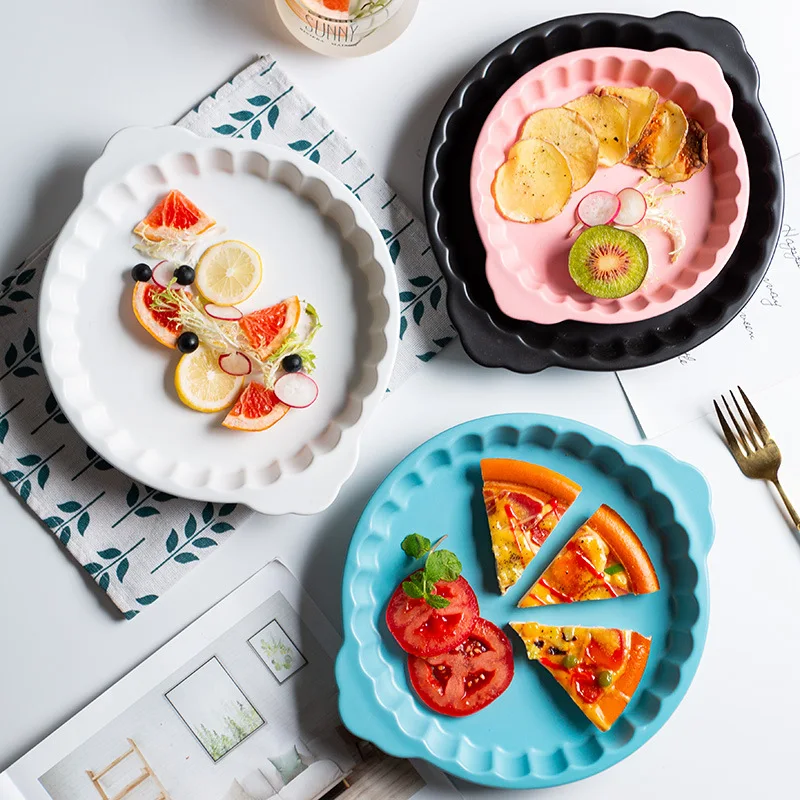 

Creative Underglaze Color Double Ear Round Ceramic Baking Plate Commercial Restaurant Pizza Plate Spaghetti Plate