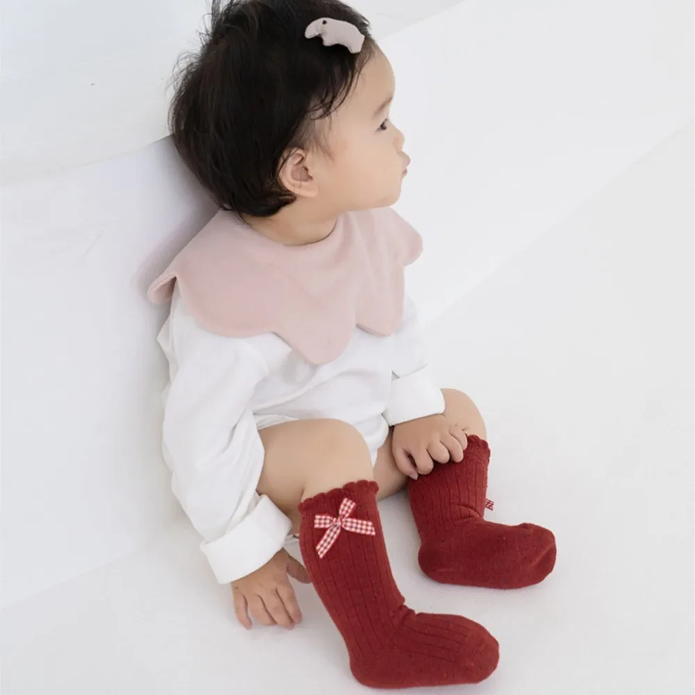 5Pairs Newborn Bowknot Hollow Out Long Socks Red Baby Soft Solid Prewalker Sock Girl Infant Knitted Stockings 0-8Years