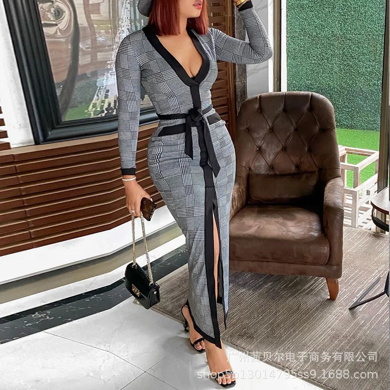 

V-neck Dress Women Long Sleeve Bodycon Long Night Dresses Split High Waist Dance Wedding Prom Y2k Spring Summer Vestidos