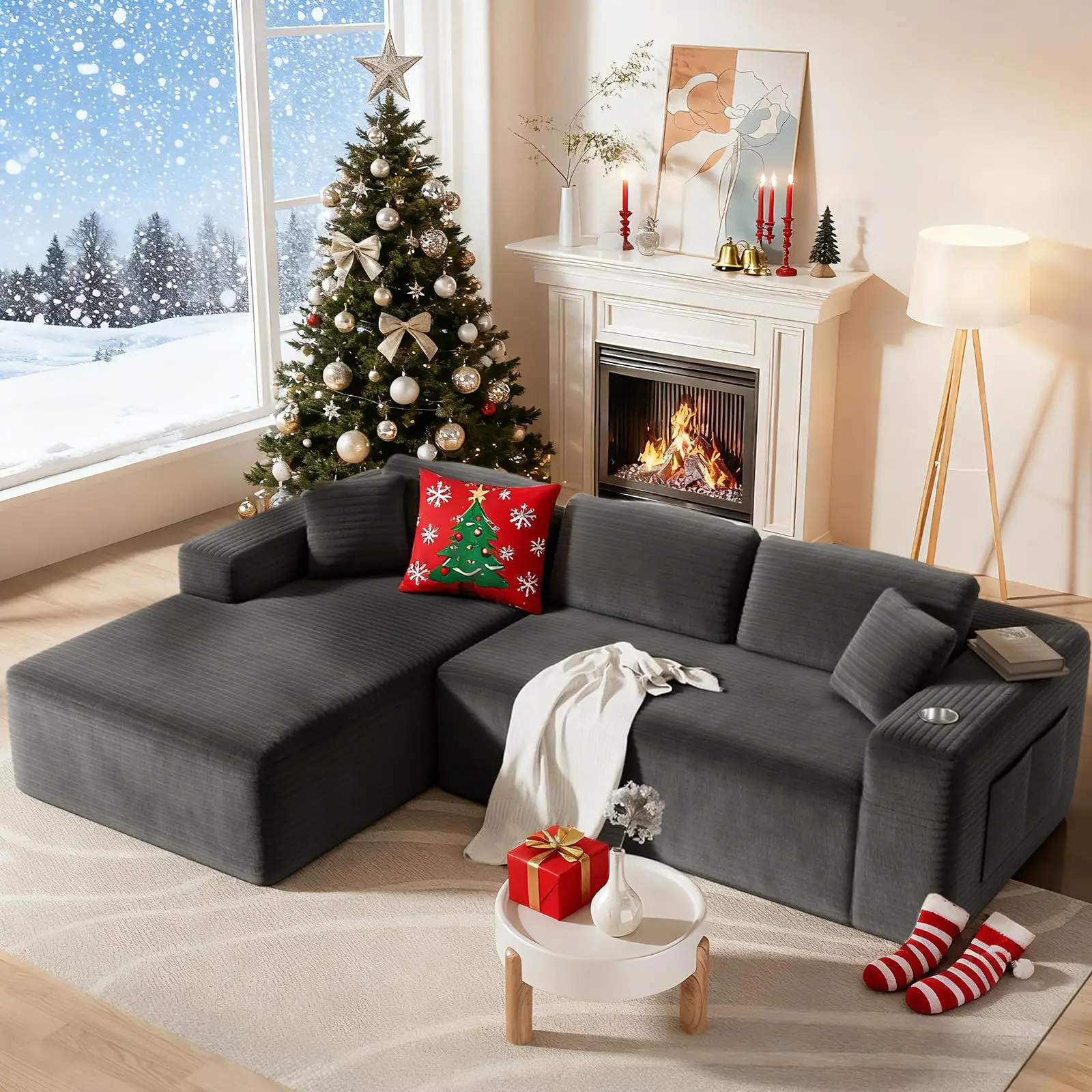 Cloud-Kombinationssofa, eine Box mit modularen Kompressionssofas, tiefer Sitz, L-förmiges Sofa ohne Knochen aus Cord, geeignet für das Wohnzimmer