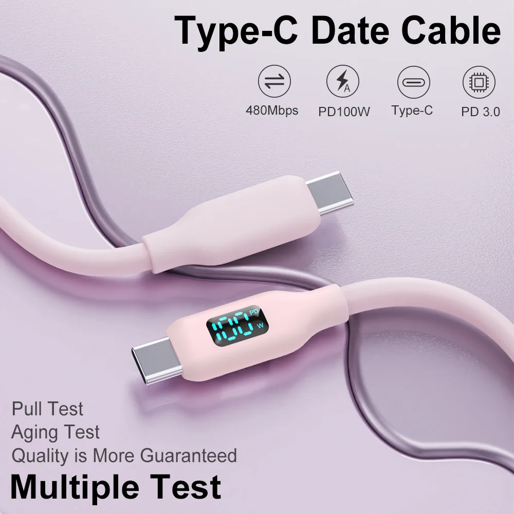 핑크 PD 100W USB C 초고속 충전 케이블 실리콘 LED 디스플레이 화면 포함 아이폰 17/16/15 타입-C 폰 및 태블릿용