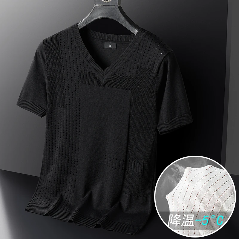 

2024 Summer Casual Short Sleeve Knitted Men's Clothing V-Neck Short Sleeve T-shirt Streetwear Knit Thin Hollow Out Slim A92