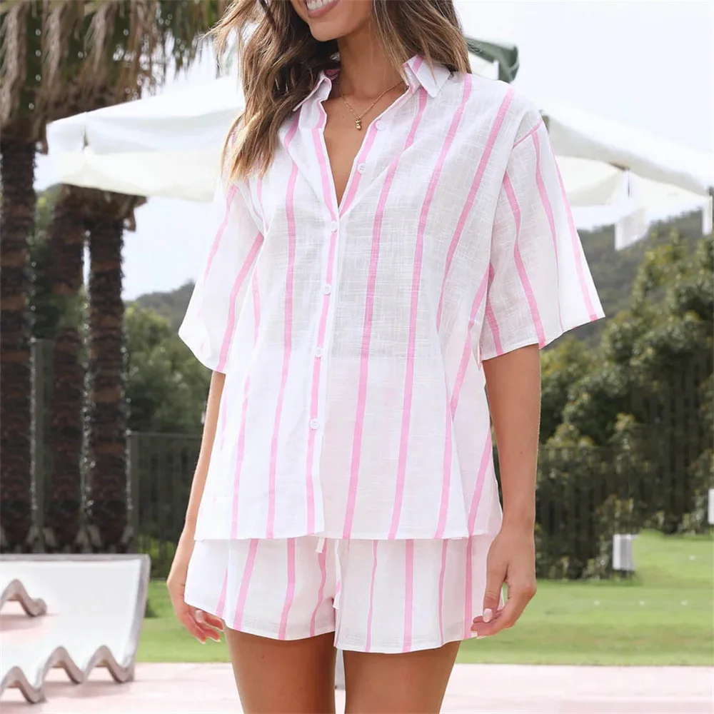Fashion Striped Outfits Chic Shirts Summer Clothes Female Casual Two Piece Set Short Sleeve Turn Down Collar Tops Women Clothing